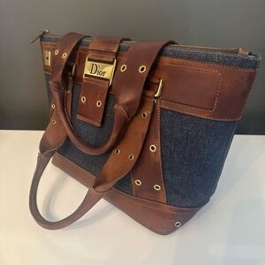 Christian Dior Blue Denim Brown Leather Street Chic Tote Bag Galliano Y2K *MINT*